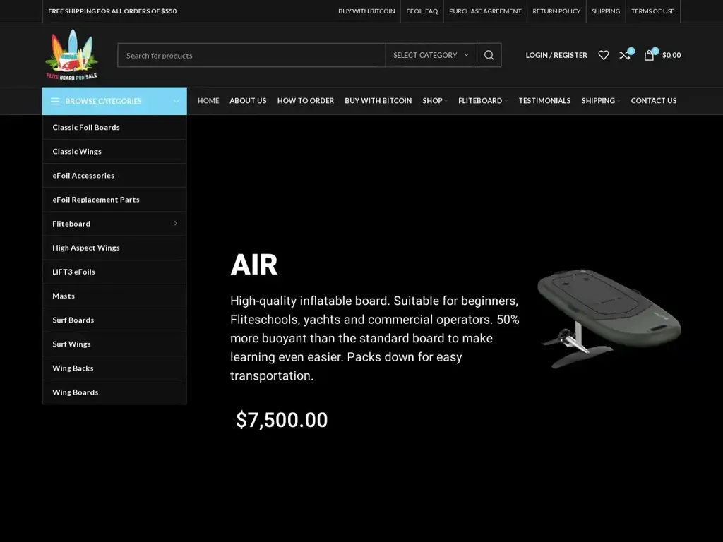 Screenshot of Fliteboardforsale.com taken on Wednesday the 24th of July 2024