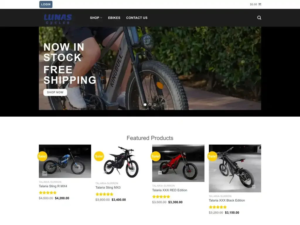 Screenshot of Lunascycles.com taken on Sunday the 25th of August 2024