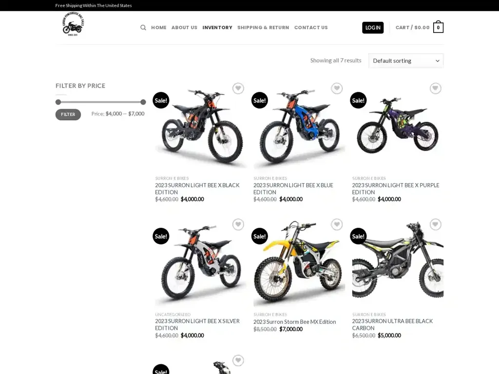 Screenshot of Surronbikesales.com taken on Tuesday the 9th of January 2024
