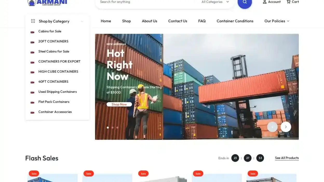 Screenshot of Container scam website Armanicontainergroup.com