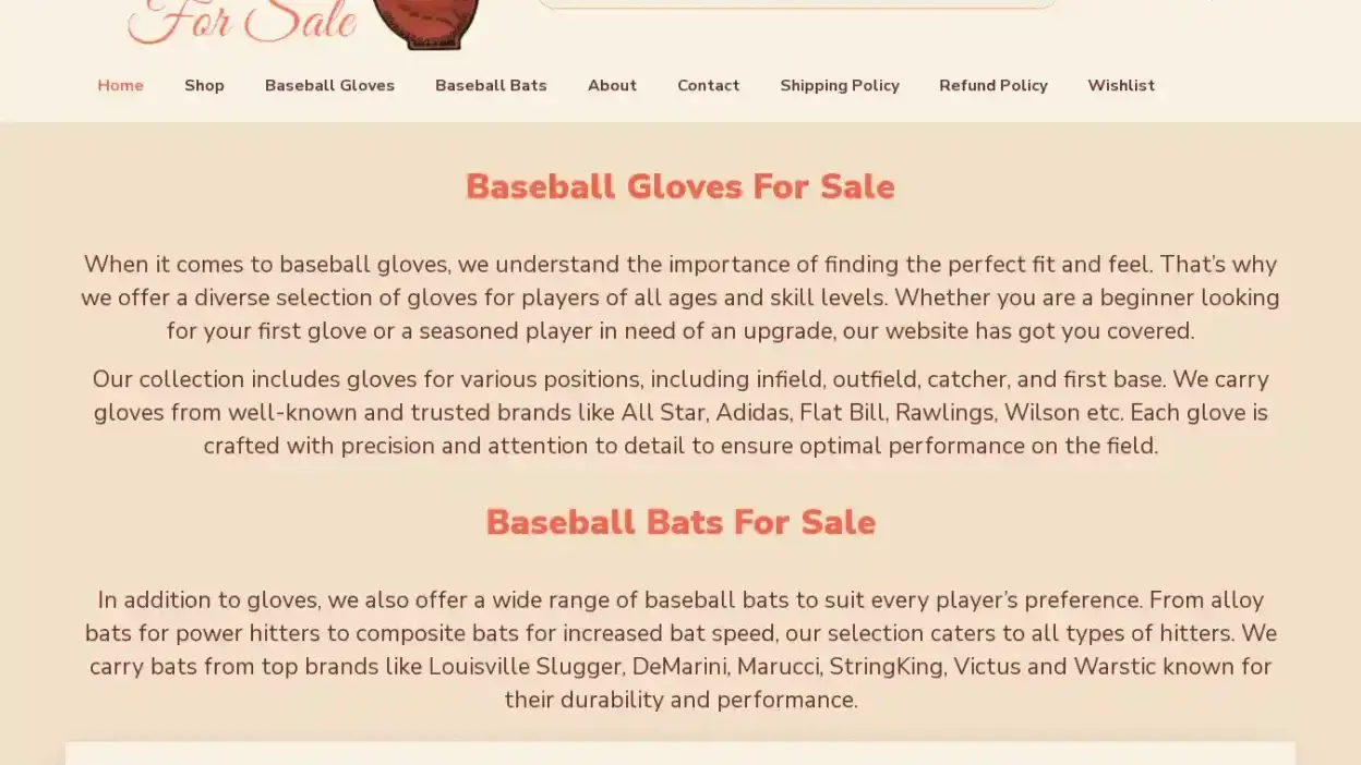 Screenshot of Non-Delivery scam website Baseballglovesforsale.com