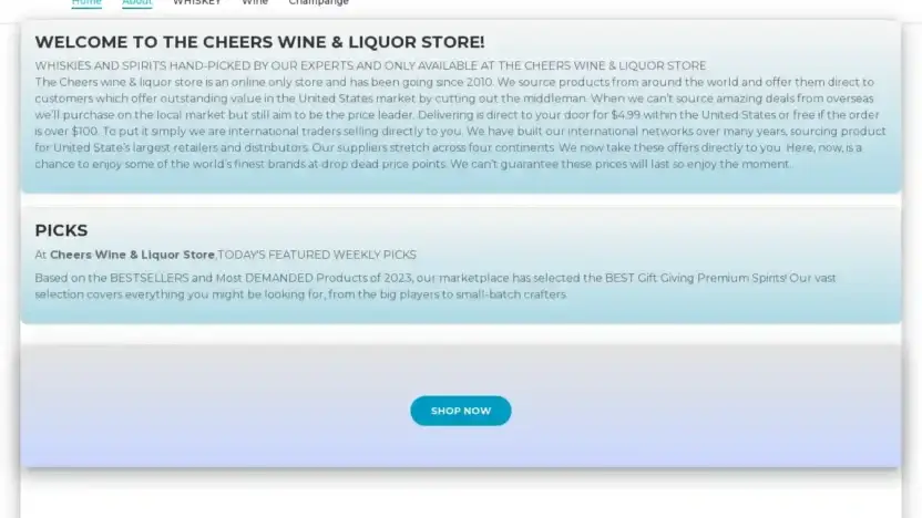 Screenshot of Whisky scam website Cheerswineliquorstore.com