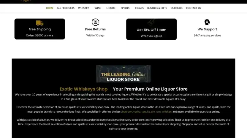 Screenshot of Whisky scam website Exoticwhiskeyshop.com