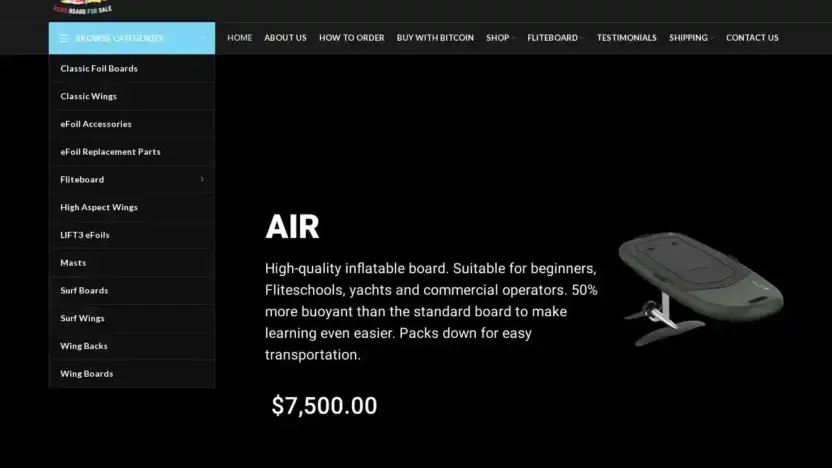 Screenshot of Non-Delivery scam website Fliteboardforsale.com