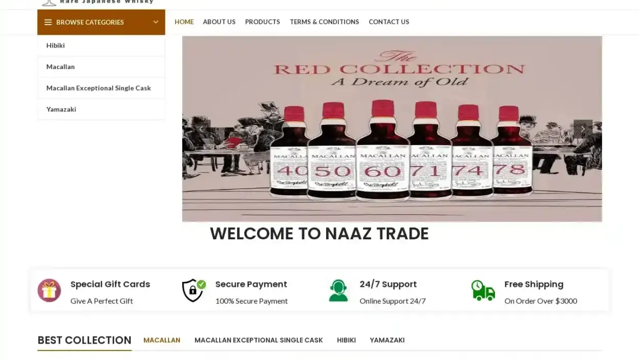 Screenshot of Whisky scam website Naaztrade.com