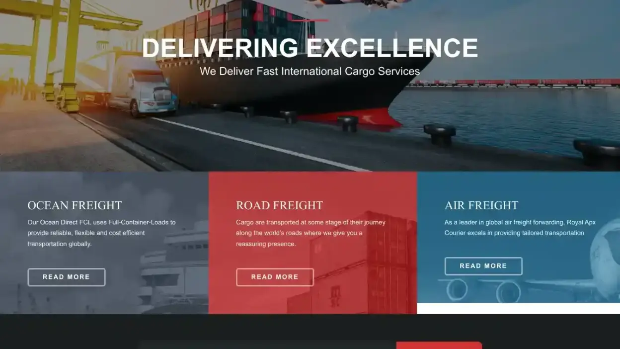 Screenshot of Container scam website Royalapxcourier.com
