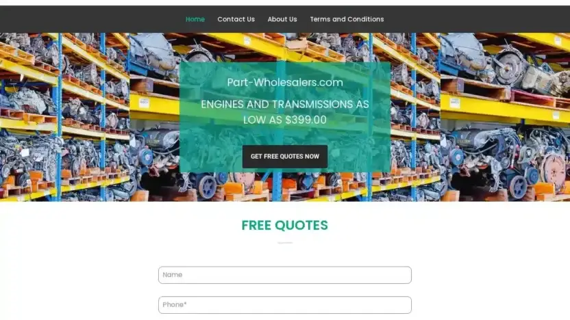 Screenshot of Automobile scam website Sparepartswholesalers.com