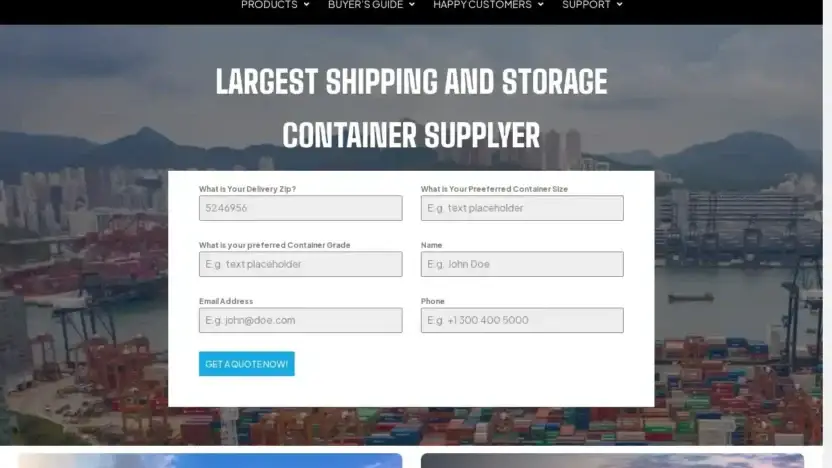 Screenshot of Container scam website Texascontainersupply.com