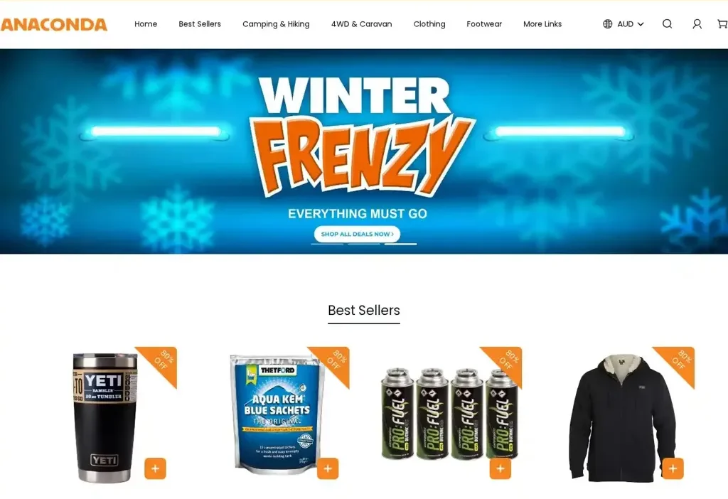 Screenshot of Non-Delivery scam website "Anacondahugesale.com"