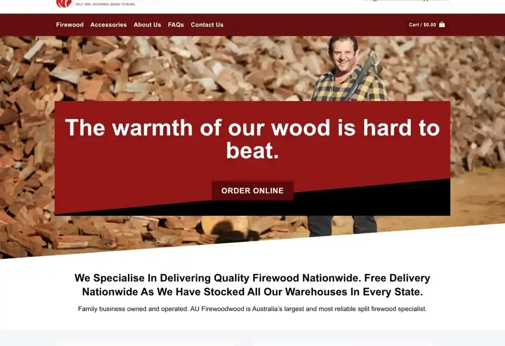 Screenshot of Non-Delivery scam website "Aufirewoodwoodsupplier.com"