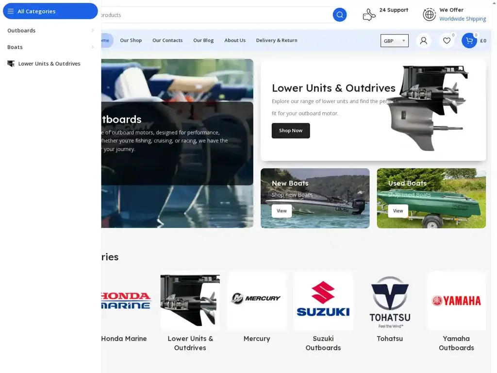 Screenshot of Non-Delivery scam website "Home - BoatspalMarine / Aboard motor"