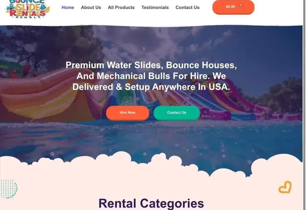 Screenshot of Non-Delivery scam website "Bounceandsliderentals.com"