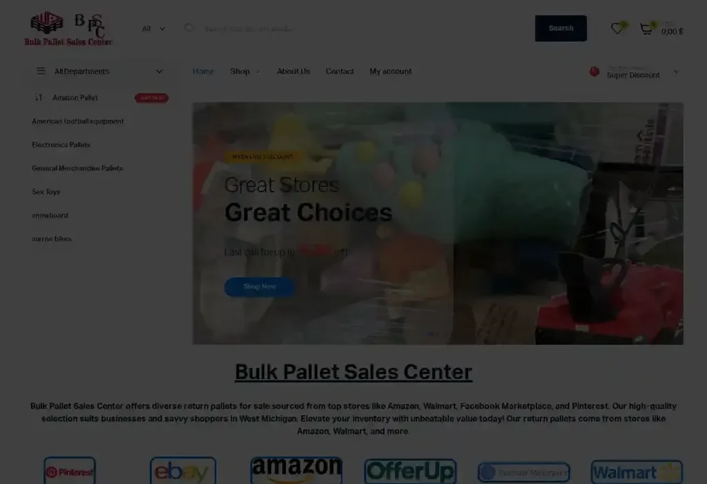 Screenshot of Non-Delivery scam website "Bulkpalletsalescenter.com"