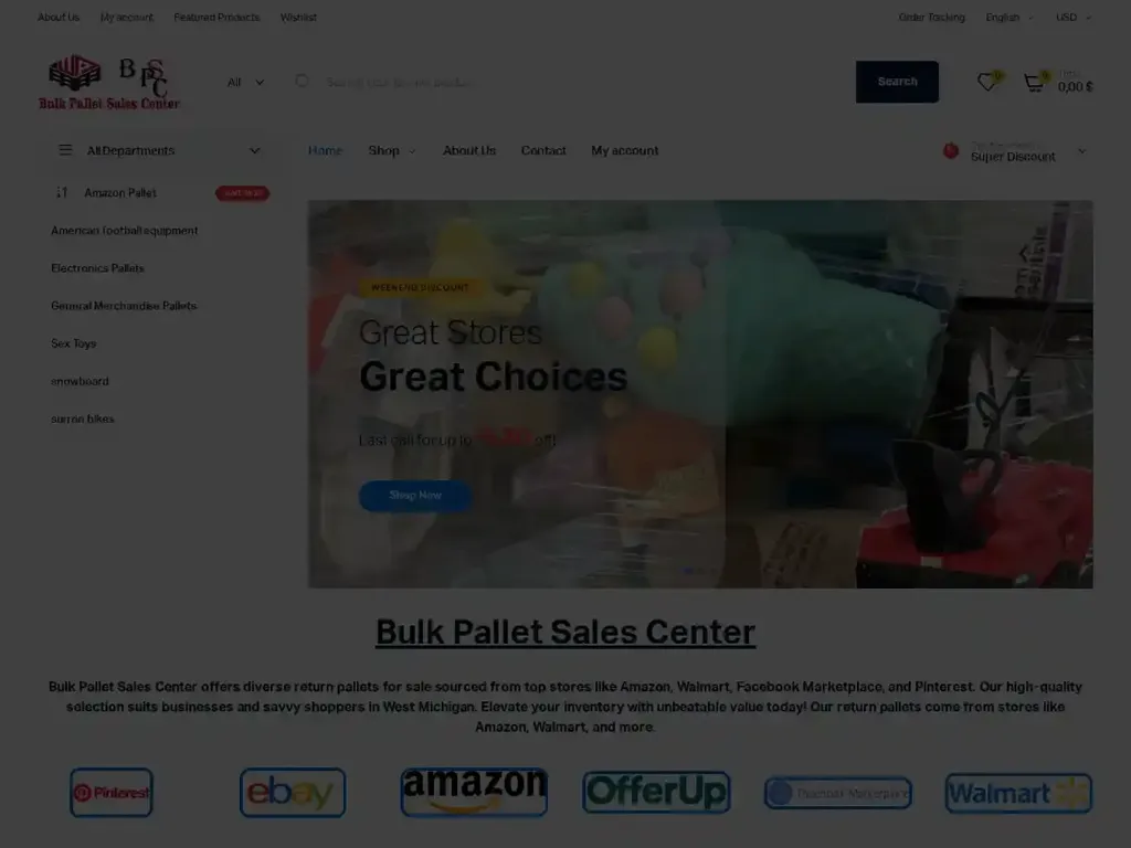 Screenshot of Non-Delivery scam website "Bulk pallet sales center – Bulk pallet sales center"