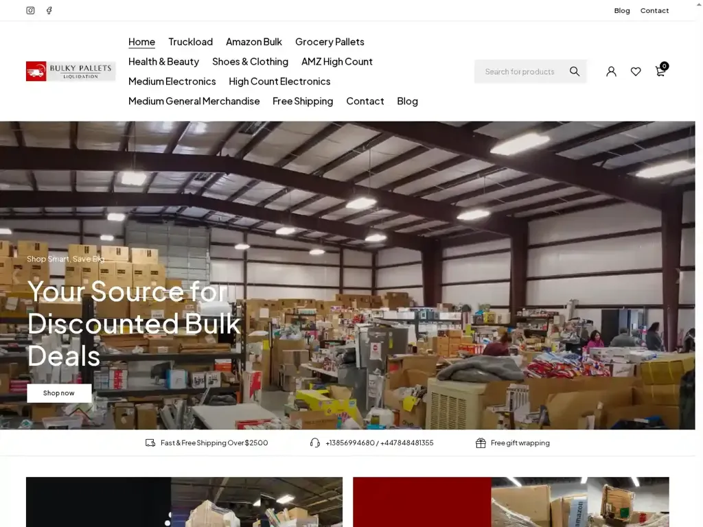 Screenshot of Liquidation scam website "Bulky Pallets Liquidation – Shop Smart, Save Big"