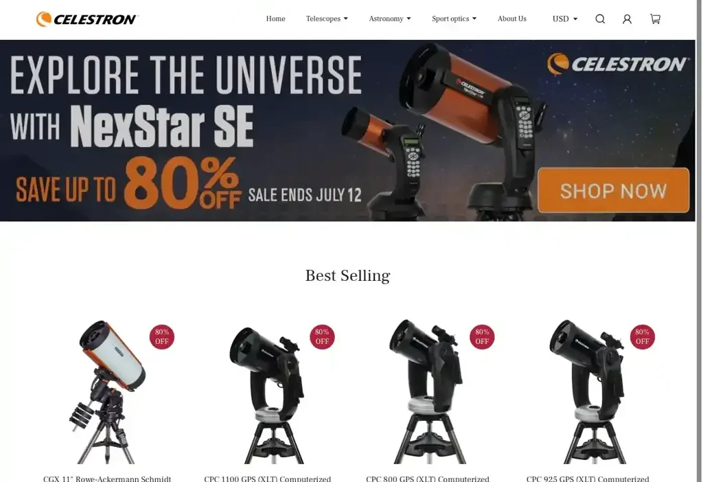 Screenshot of Non-Delivery scam website "Celestronusa.shop"