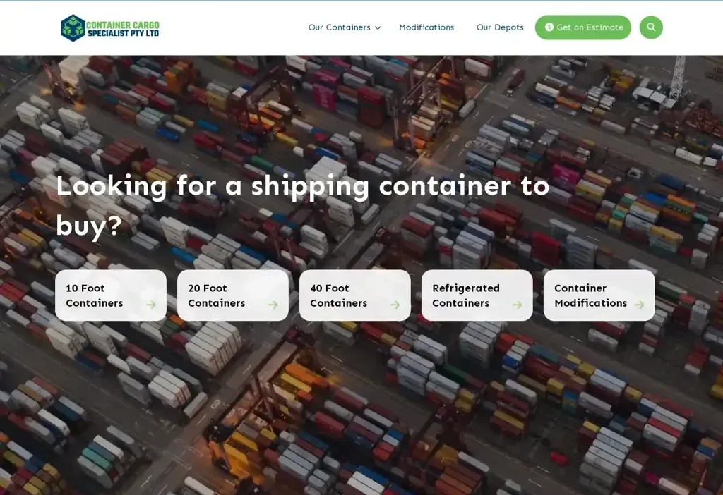 Screenshot of Container scam website "Containerscargospecialist.com"