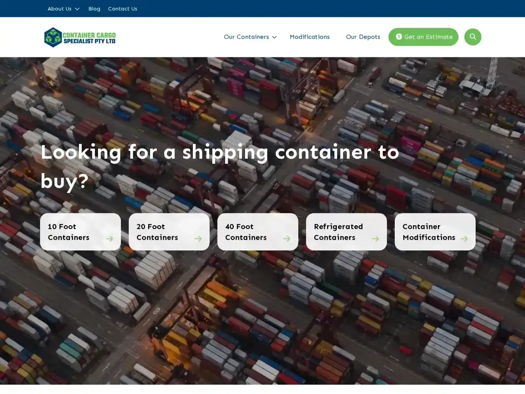Screenshot of Container scam website "Container Cargo Specialist Pty Ltd: Your Go-To for Shipping Containers in Australia"