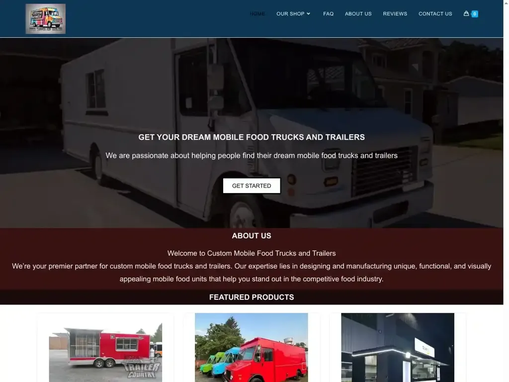 Screenshot of Non-Delivery scam website "CUSTOM MOBILE FOOD TRUCKS AND TRAILERS – GET YOUR DREAM FOOD TRUCKS AND TRAILERS"