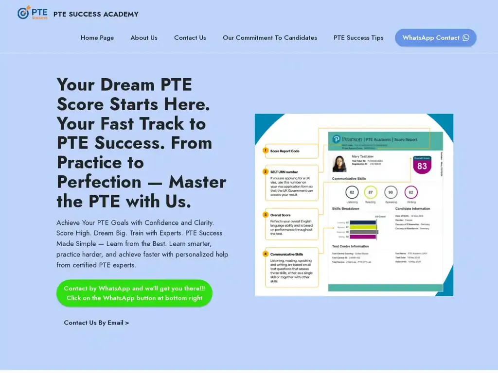 Screenshot of Non-Delivery scam website "Ace Your PTE Exam | Expert PTE Preparation Online & Offline | PTE Success Academy"