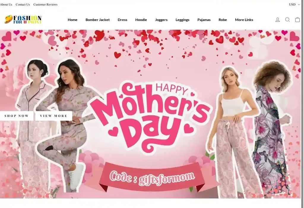 Screenshot of Non-Delivery scam website "Fashionforuprint.com"