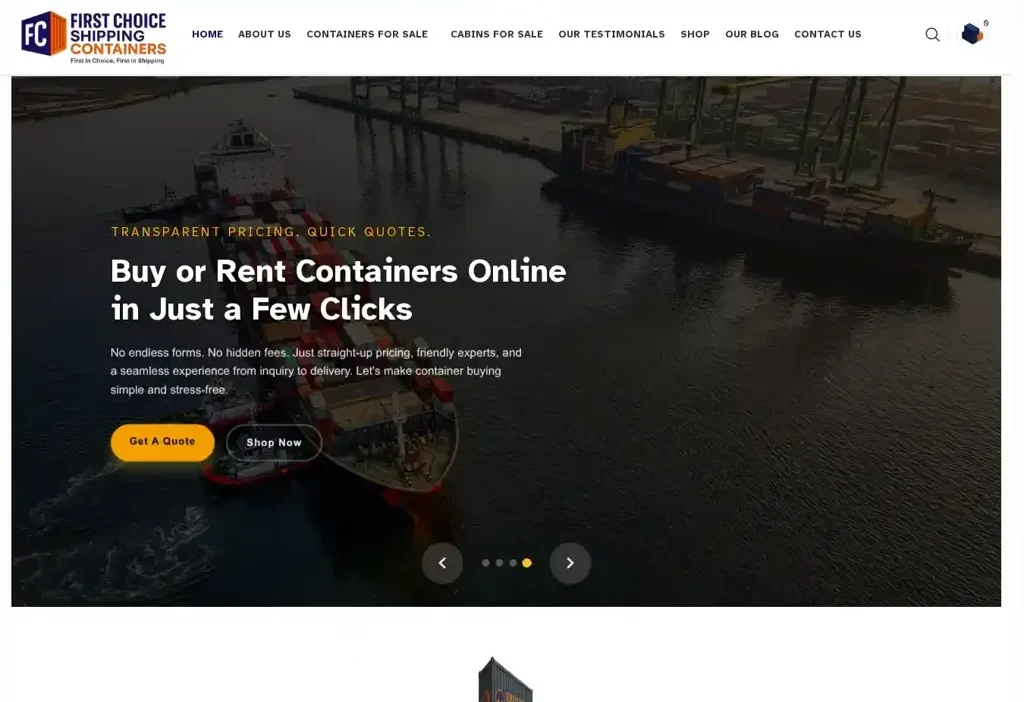 Screenshot of Non-Delivery scam website "Firstchoiceshippingcontainers.com"