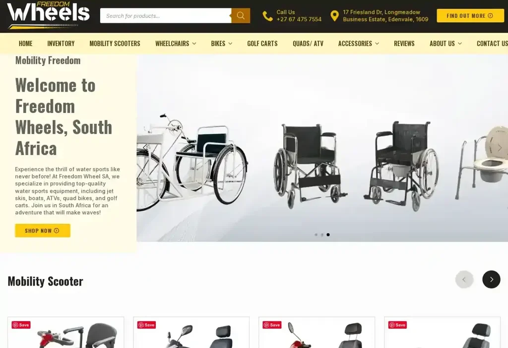 Screenshot of Non-Delivery scam website "Freedomwheelsa.com"