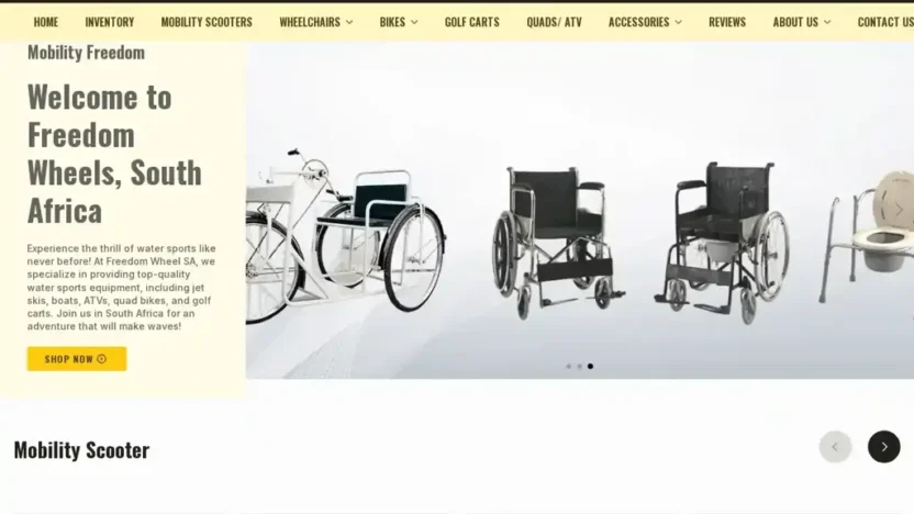 Screenshot of Non-Delivery scam website "Freedomwheelsa.com"