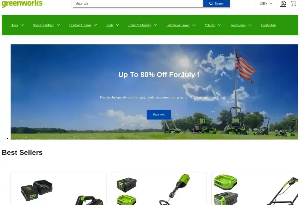 Screenshot of Non-Delivery scam website "Greenworksusa.shop"