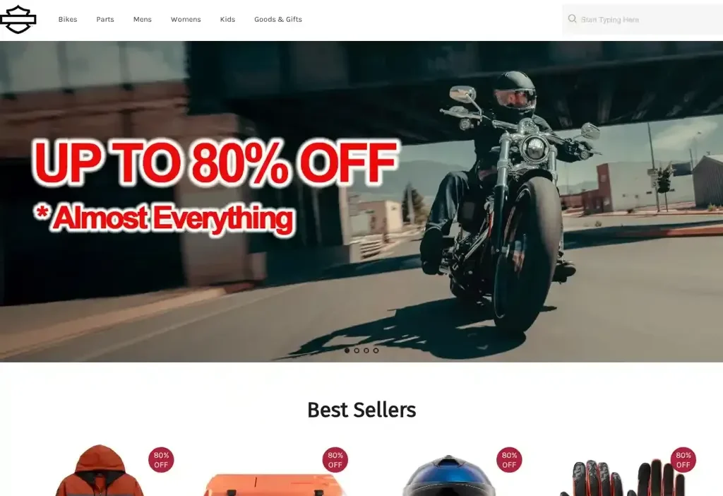 Screenshot of Non-Delivery scam website "Harleydavidsonoff.shop"