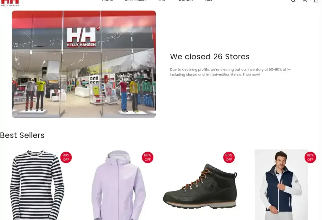 Screenshot of Non-Delivery scam website "Hellyhansensale.shop"