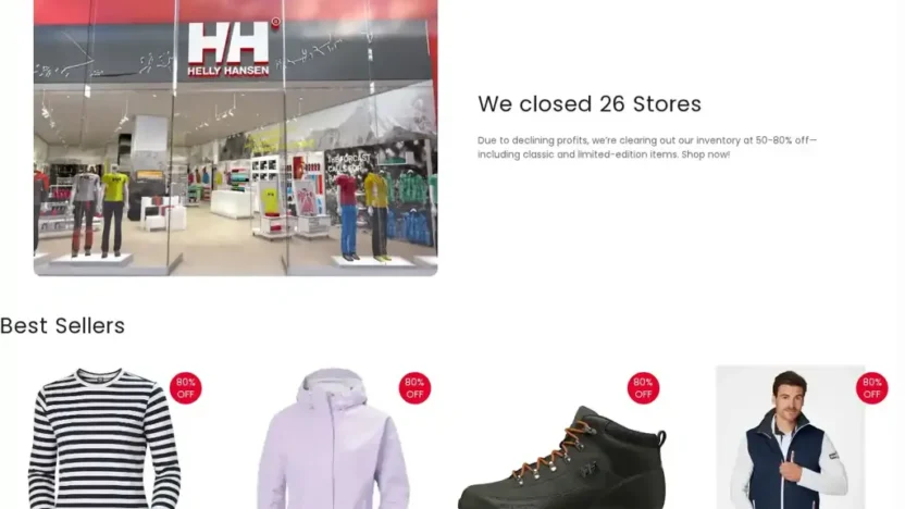 Screenshot of Non-Delivery scam website "Hellyhansensale.shop"