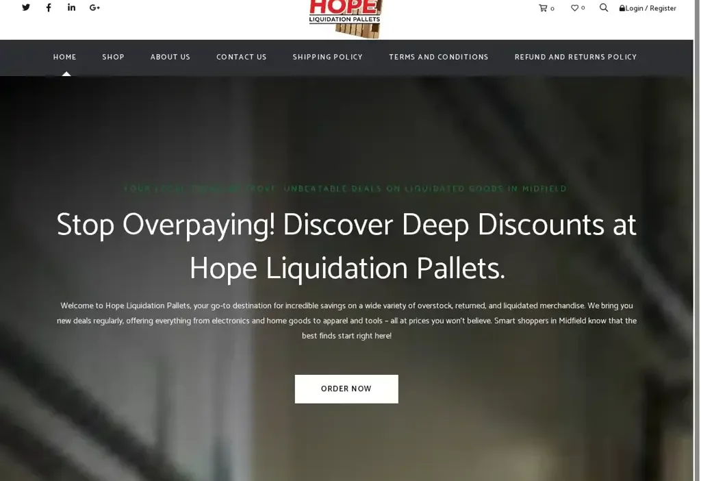 Screenshot of Liquidation scam website "Hopeliquidationpallets.com"