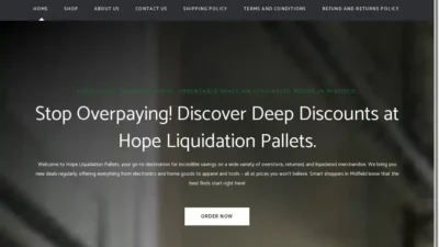 Screenshot of Liquidation scam website "Hopeliquidationpallets.com"