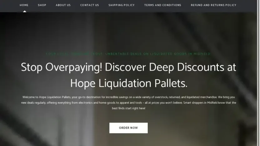 Screenshot of Liquidation scam website "Hopeliquidationpallets.com"
