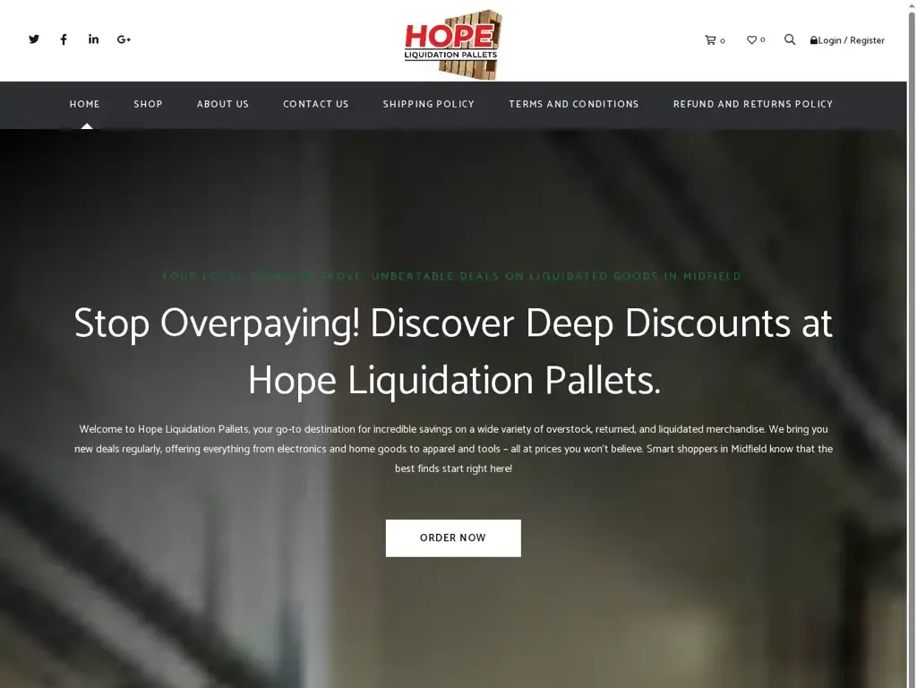 Screenshot of Liquidation scam website "Store – Hope Liquidation Pallets"