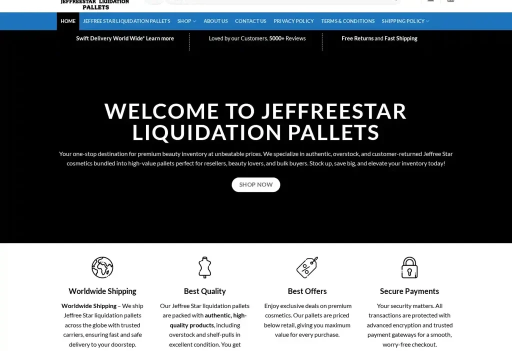 Screenshot of Liquidation scam website "Jeffreestarliquidationpallets.com"