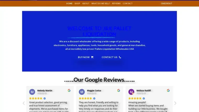 Screenshot of Liquidation scam website "Jkliquidationspallet.com"