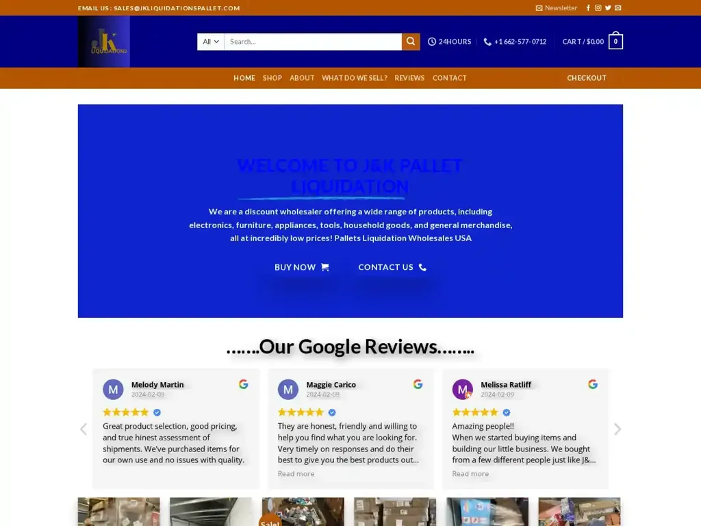 Screenshot of Liquidation scam website "Pallets Liquidation Wholesales USA - J&K Pallet Liquidation"