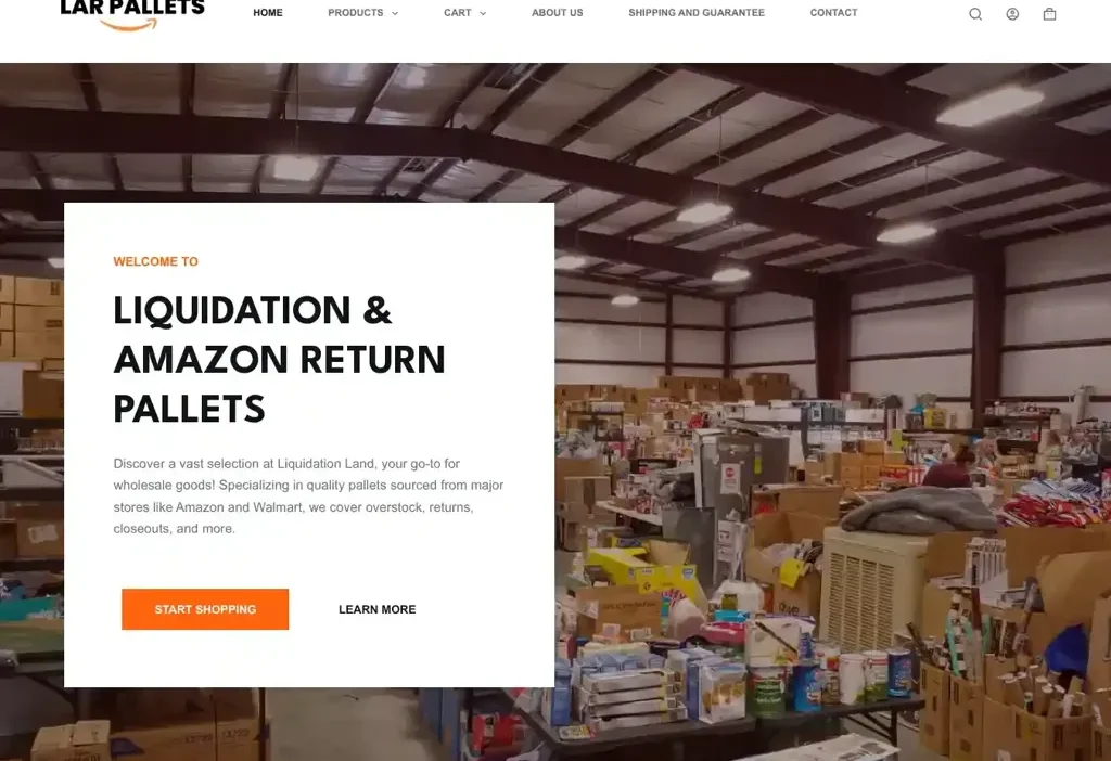 Screenshot of Liquidation scam website "Liquidationandamazonreturnpallets.com"