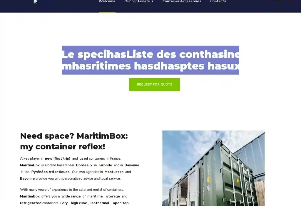 Screenshot of Non-Delivery scam website "Mb-containers.com"