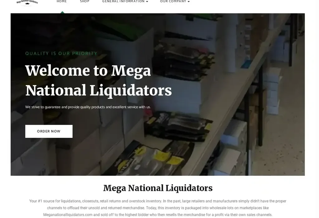 Screenshot of Non-Delivery scam website "Meganationalliquidators.com"
