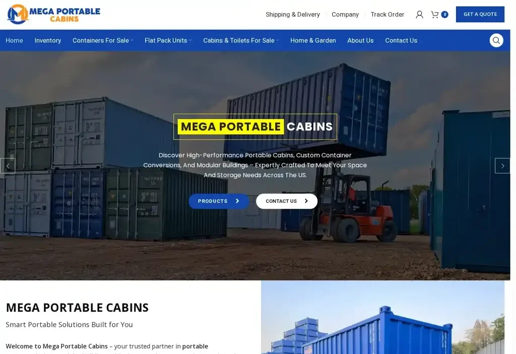 Screenshot of Non-Delivery scam website "Megaportablecabins.com"