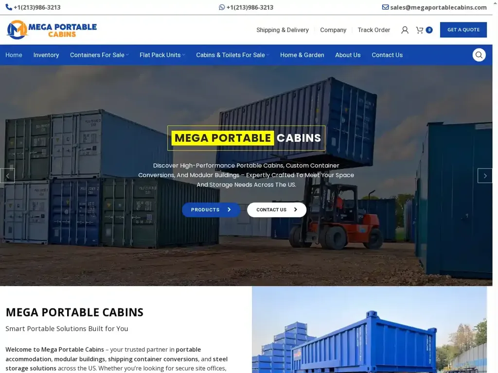 Screenshot of Non-Delivery scam website "Mega Portable Cabins"