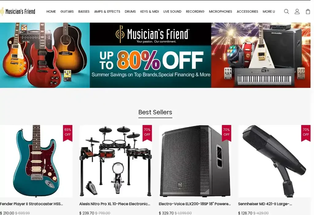Screenshot of Non-Delivery scam website "Musiciansfriendvipdeals.com"