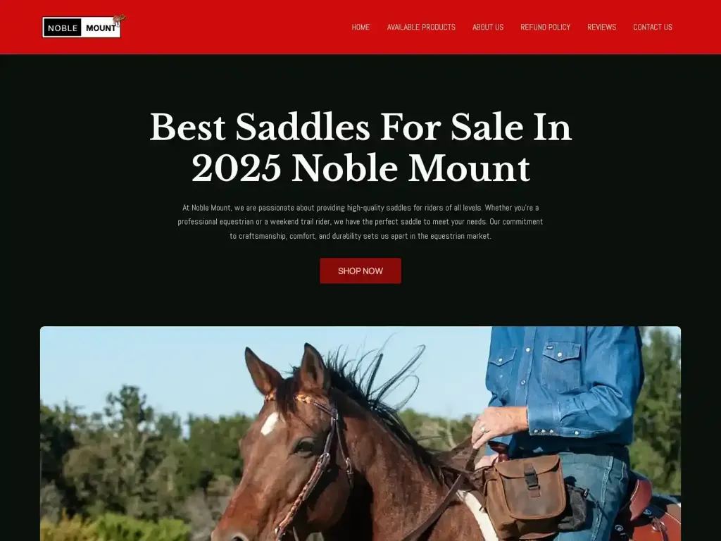 Screenshot of Non-Delivery scam website "Home - Noble Mount Saddles"