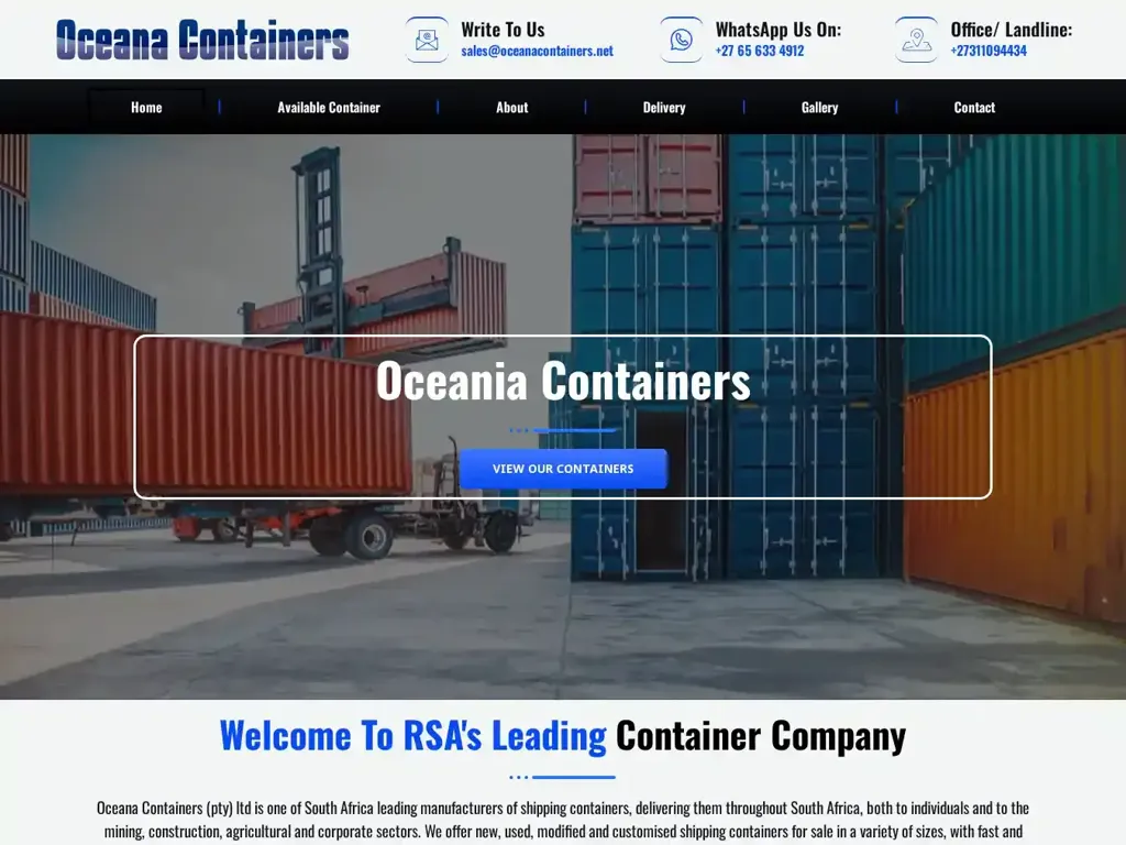 Screenshot of Non-Delivery scam website "Oceania Containers – South Africa Leading Container Company"