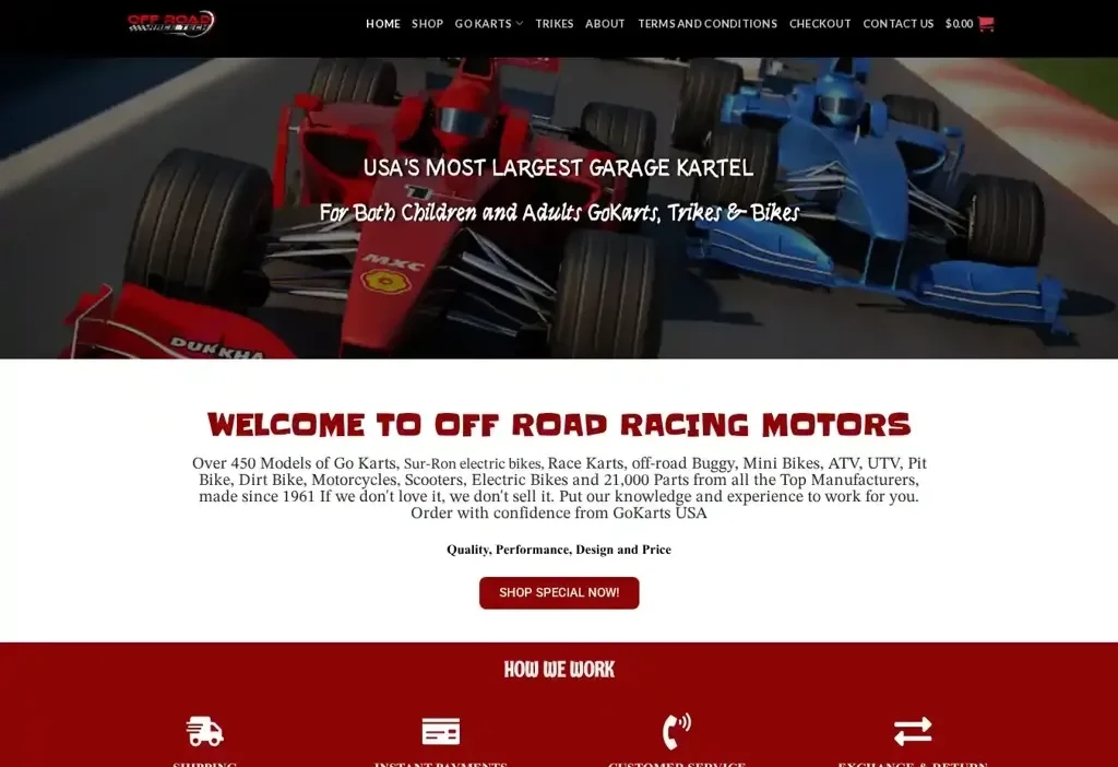 Screenshot of Non-Delivery scam website "Offroadracingmotors.com"