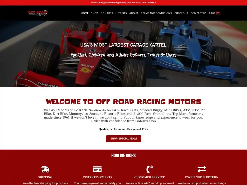 Screenshot of Non-Delivery scam website "Buy Go-Karts and get the best deals at the lowest prices on Off-road racing motors! Great Savings & Free Delivery"