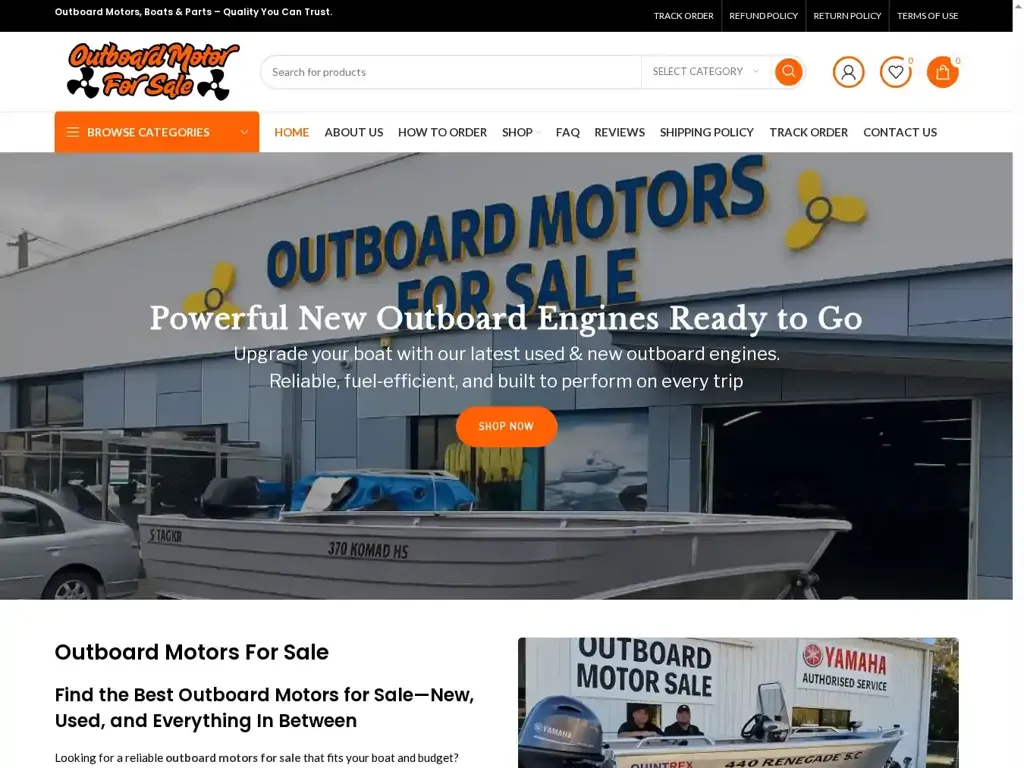 Screenshot of Non-Delivery scam website "Outboard Motors for Sale – Affordable New & Used"